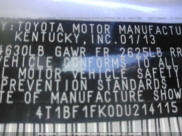 4T1BF1FK0DU214115 - 2013 TOYOTA CAMRY L/SE/LE/XLE 银色 照片 9