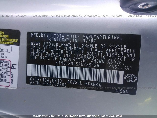 4T1CE30P57U759139 - 2007 TOYOTA CAMRY SOLARA SE/SLE SILVER photo 9