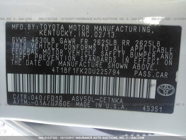 4T1BF1FK2DU225794 - 2013 TOYOTA CAMRY L/SE/LE/XLE 白色 照片 9