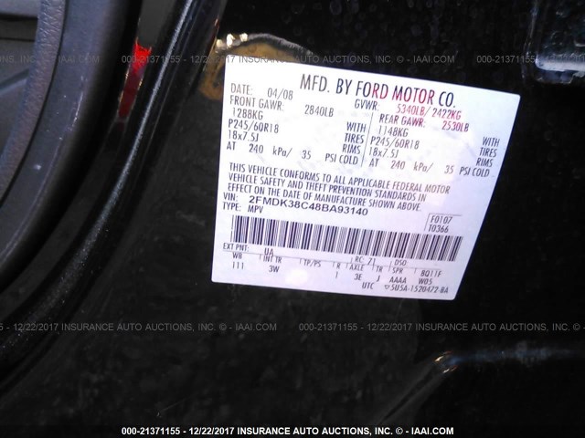 2FMDK38C48BA93140 - 2008 FORD EDGE SEL BLACK photo 9