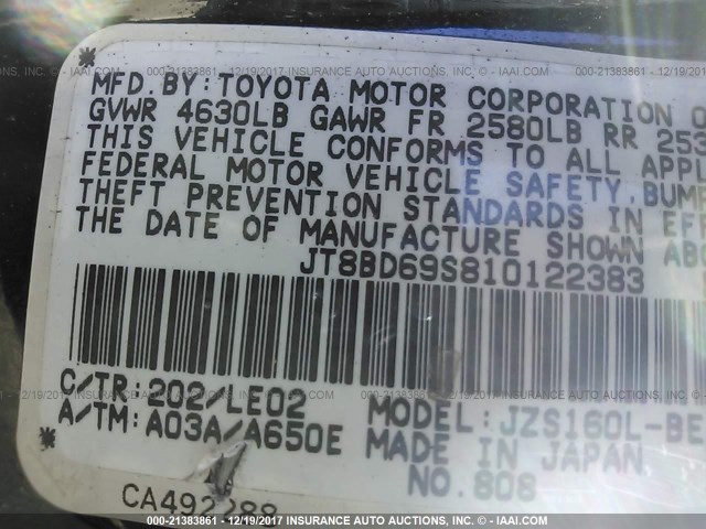 JT8BD69S810122383 - 2001 LEXUS GS 300 BLACK photo 9