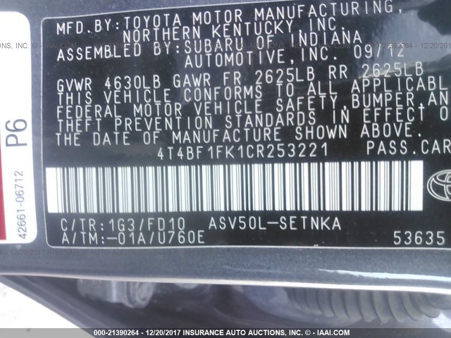 4T4BF1FK1CR253221 - 2012 TOYOTA CAMRY SE/LE/XLE GRAY photo 9