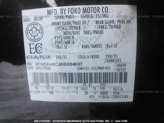 2FMDK48C49BA94697 - 2009 FORD EDGE SEL BLACK photo 9