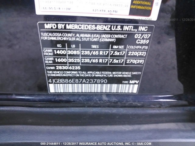 4JGBB86E87A237890 - 2007 MERCEDES-BENZ ML 350 BLUE photo 9