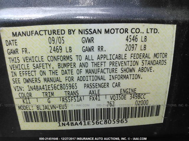 1N4BA41E56C805965 - 2006 NISSAN MAXIMA SE/SL GRAY photo 9