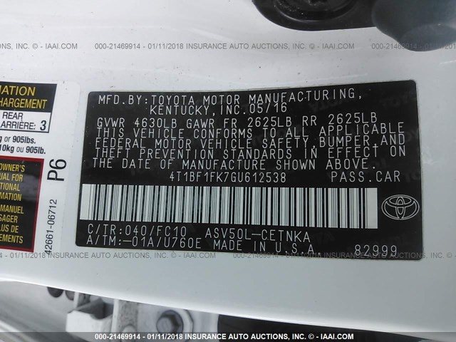 4T1BF1FK7GU612538 - 2016 TOYOTA CAMRY LE/XLE/SE/XSE 白色 照片 9