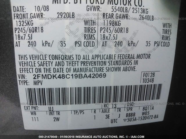 2FMDK48C19BA42069 - 2009 FORD EDGE SEL GRAY photo 9