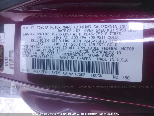 5TEUU42N48Z486247 - 2008 TOYOTA TACOMA ACCESS CAB RED photo 9