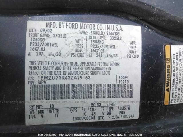 1FMZU73K43ZA19163 - 2003 FORD EXPLORER XLT/XLT SPORT/NBX Կապույտ լուսանկար 9