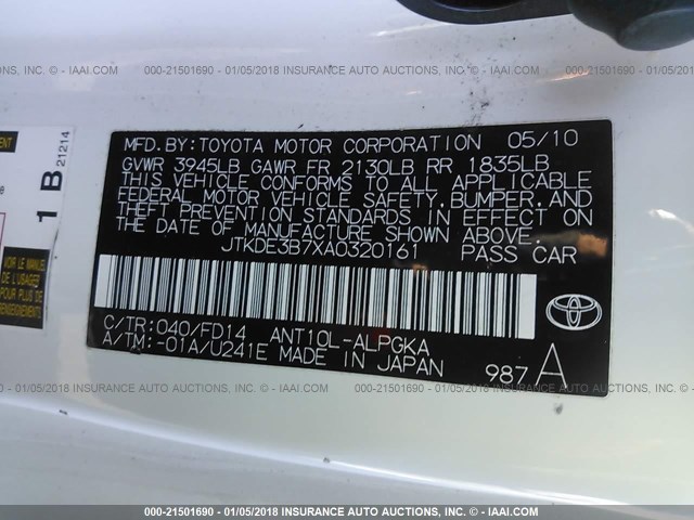 JTKDE3B7XA0320161 - 2010 TOYOTA SCION TC თეთრი ფოტო 9