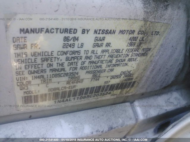 1N4AL11D85C203524 - 2005 NISSAN ALTIMA S/SL WHITE photo 9