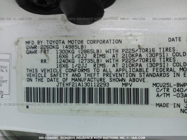 JTEHF21A130112293 - 2003 TOYOTA HIGHLANDER LIMITED WHITE photo 9