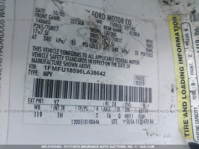 1FMFU18596LA38642 - 2006 FORD EXPEDITION EDDIE BAUER WHITE photo 9