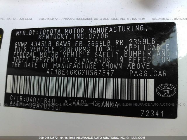 4T1BE46K67U567547 - 2007 TOYOTA CAMRY NEW GENERAT CE/LE/XLE/SE WHITE photo 9