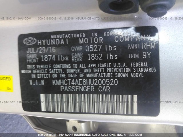 KMHCT4AE8HU200520 - 2017 HYUNDAI ACCENT SE SILVER photo 9