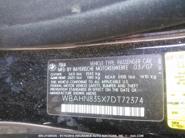 WBAHN835X7DT72374 - 2007 BMW 750 BLACK photo 9