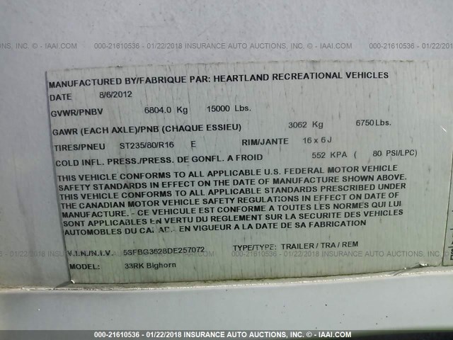 5SFBG3628DE257072 - 2013 HEARTLAND BIGHORN  უცნობი ფოტო 9