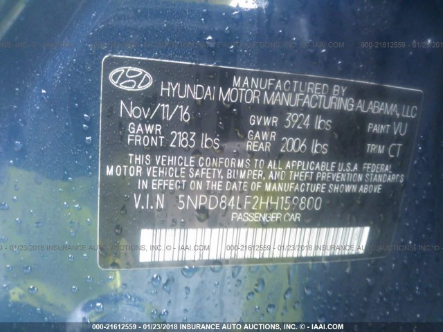 5NPD84LF2HH159800 - 2017 HYUNDAI ELANTRA SE/VALUE/LIMITED BLUE photo 9