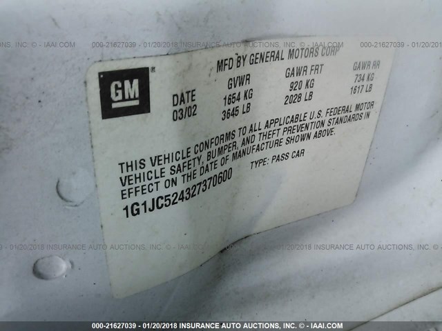 1G1JC524327370600 - 2002 CHEVROLET CAVALIER CNG WHITE photo 9