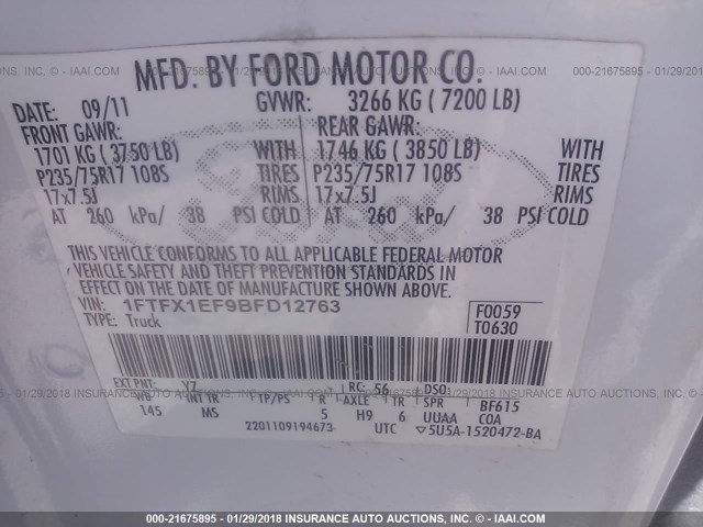 1FTFX1EF9BFD12763 - 2011 FORD F150 SUPER CAB WHITE photo 9