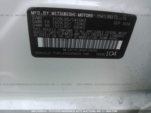 ML32F3FJXHHF14000 - 2017 MITSUBISHI MIRAGE G4 ES WHITE photo 9