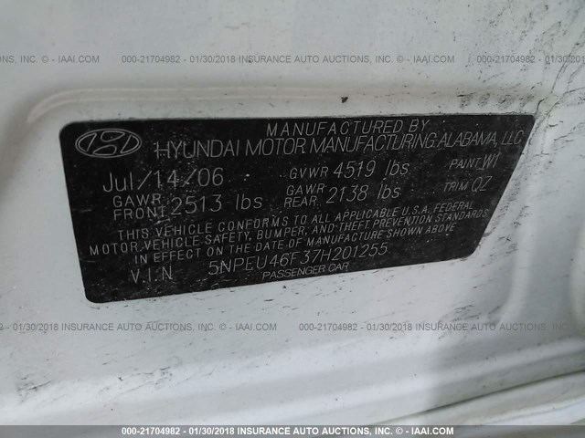 5NPEU46F37H201255 - 2007 HYUNDAI SONATA SE/LIMITED WHITE photo 9