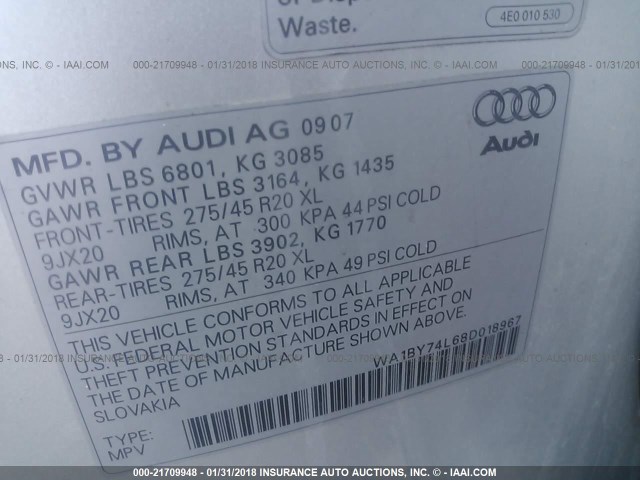 WA1BY74L68D018967 - 2008 AUDI Q7 3.6 QUATTRO PREMIUM SILVER photo 9