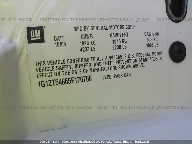 1G1ZT54865F176768 - 2005 CHEVROLET MALIBU LS Ақ фото 9