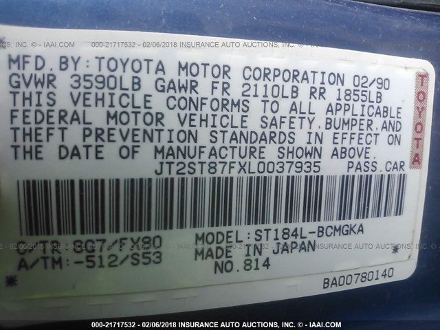 JT2ST87FXL0037935 - 1990 TOYOTA CELICA GT BLUE photo 9