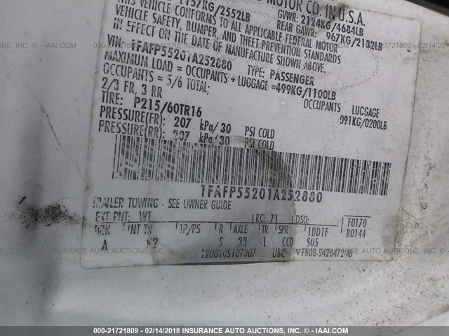 1FAFP55201A252880 - 2001 FORD TAURUS SES WHITE photo 9