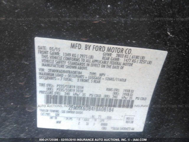 2FMHK6D84FBA08184 - 2015 FORD FLEX LIMITED BLACK photo 9