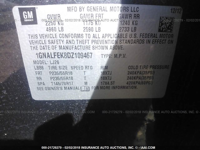 1GNALFEK8DZ109467 - 2013 CHEVROLET EQUINOX LTZ GRAY photo 9