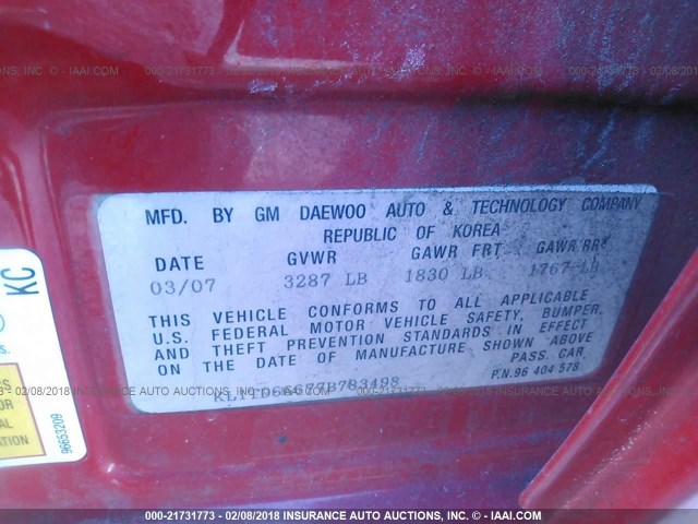 KL1TD66677B783498 - 2007 CHEVROLET AVEO LS RED photo 9