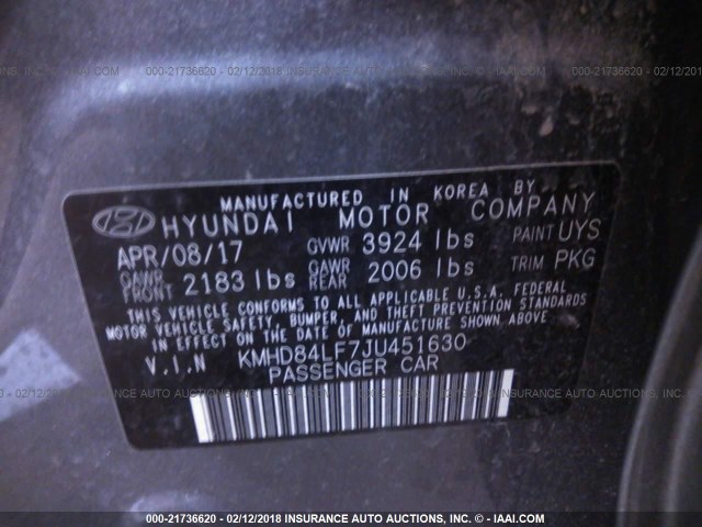 KMHD84LF7JU451630 - 2018 HYUNDAI ELANTRA SEL/VALUE/LIMITED GRAY photo 9