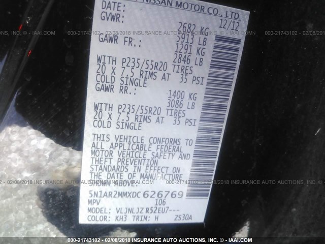 5N1AR2MMXDC626769 - 2013 NISSAN PATHFINDER S/SV/SL/PLATINUM BLACK photo 9