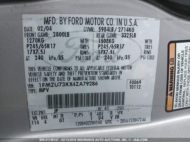 1FMZU73KX4ZA79286 - 2004 FORD EXPLORER XLT/XLT SPORT/NBX SILVER photo 9