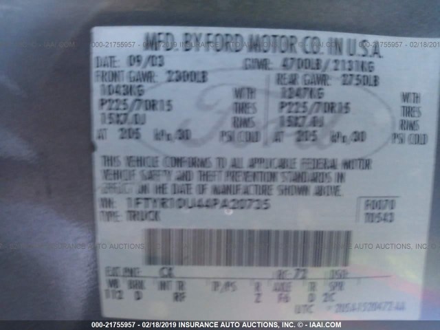 1FTYR10U44PA20735 - 2004 FORD RANGER GRAY photo 9