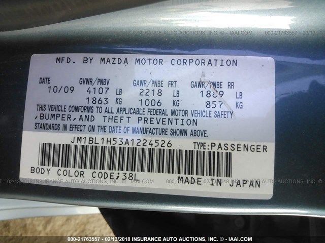 JM1BL1H53A1224526 - 2010 MAZDA 3 S BLUE photo 9