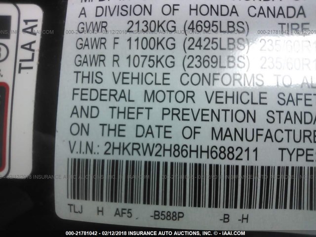 2HKRW2H86HH688211 - 2017 HONDA CR-V EXL Dark Blue photo 9