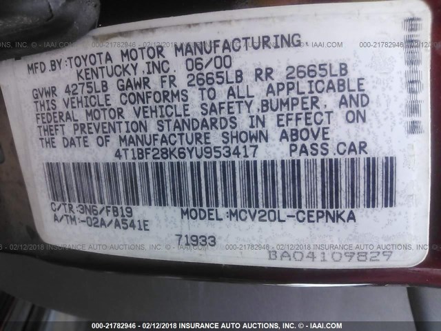 4T1BF28K6YU953417 - 2000 TOYOTA CAMRY LE/XLE 栗色 照片 9