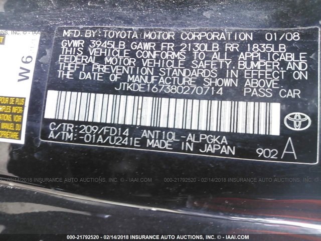 JTKDE167380270714 - 2008 TOYOTA SCION TC 黑色 照片 9