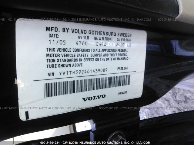 YV1TH592461439089 - 2006 VOLVO S80 2.5T BLUE photo 9