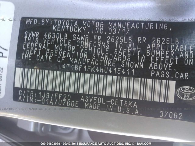 4T1BF1FK4HU415411 - 2017 TOYOTA CAMRY LE/XLE/SE/XSE SILVER photo 9
