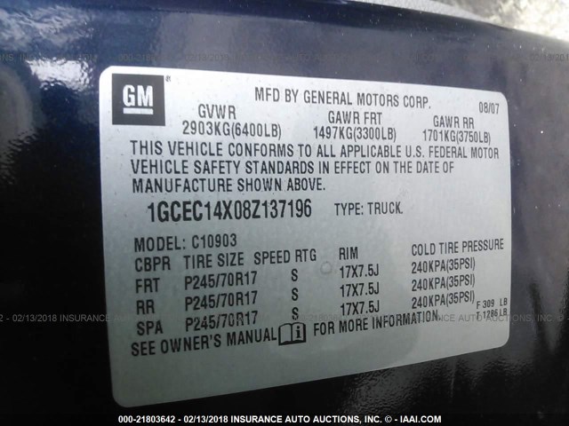 1GCEC14X08Z137196 - 2008 CHEVROLET SILVERADO C1500 BLUE photo 9