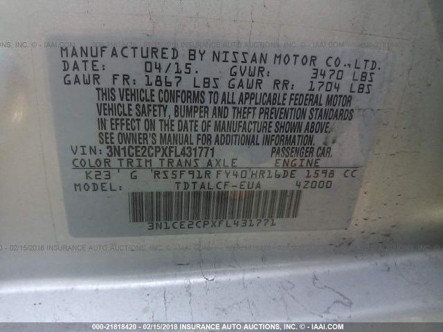 3N1CE2CPXFL431771 - 2015 NISSAN VERSA NOTE S/S PLUS/SV/SL/SR SILVER photo 9