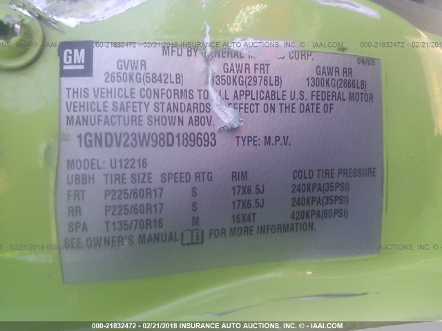 1GNDV23W98D189693 - 2008 CHEVROLET UPLANDER LS GREEN photo 9