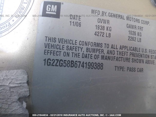 1G2ZG58B674199388 - 2007 PONTIAC G6 SE GOLD photo 9