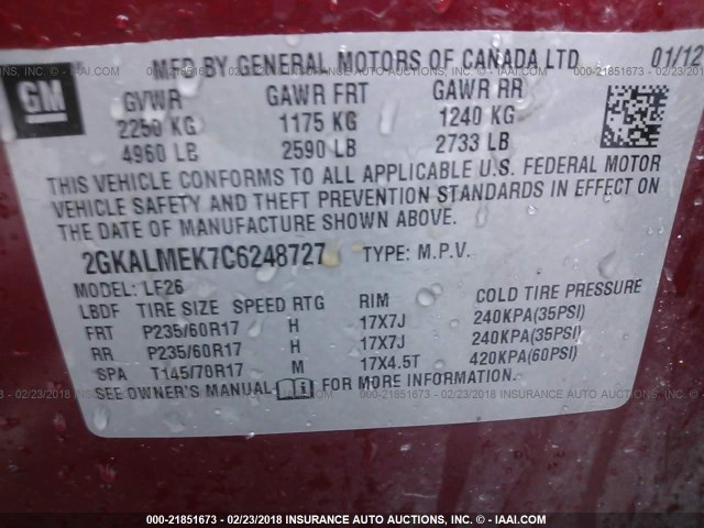 2GKALMEK7C6248727 - 2012 GMC TERRAIN SLE RED photo 9