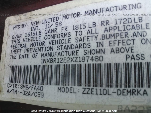 1NXBR12E2XZ187480 - 1999 TOYOTA COROLLA VE/CE/LE 红色 照片 9