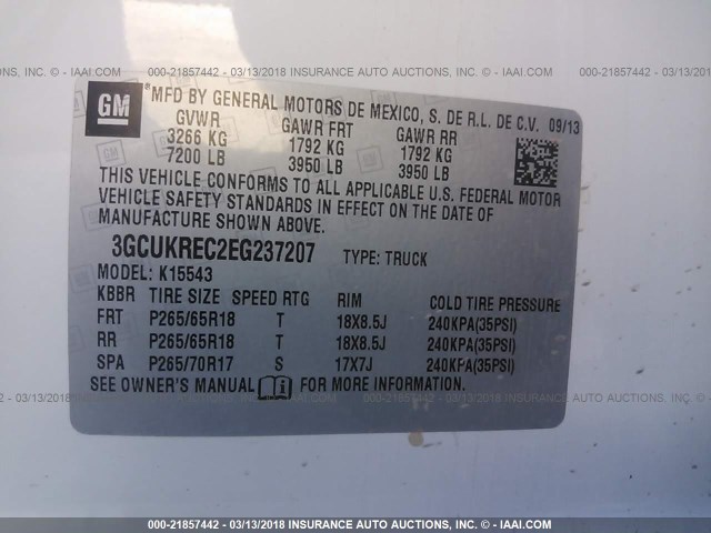 3GCUKREC2EG237207 - 2014 CHEVROLET SILVERADO K1500 LT WHITE photo 9